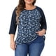 thumbnail image 1 of Blusa de Talla Grande para Mujeres Agnes Orinda, Cuello Redondo, Floral, Color de Contraste, Mangas Raglán 3/4, Tops Campesinos Casuales 3X Azul Oscuro, 1 of 8