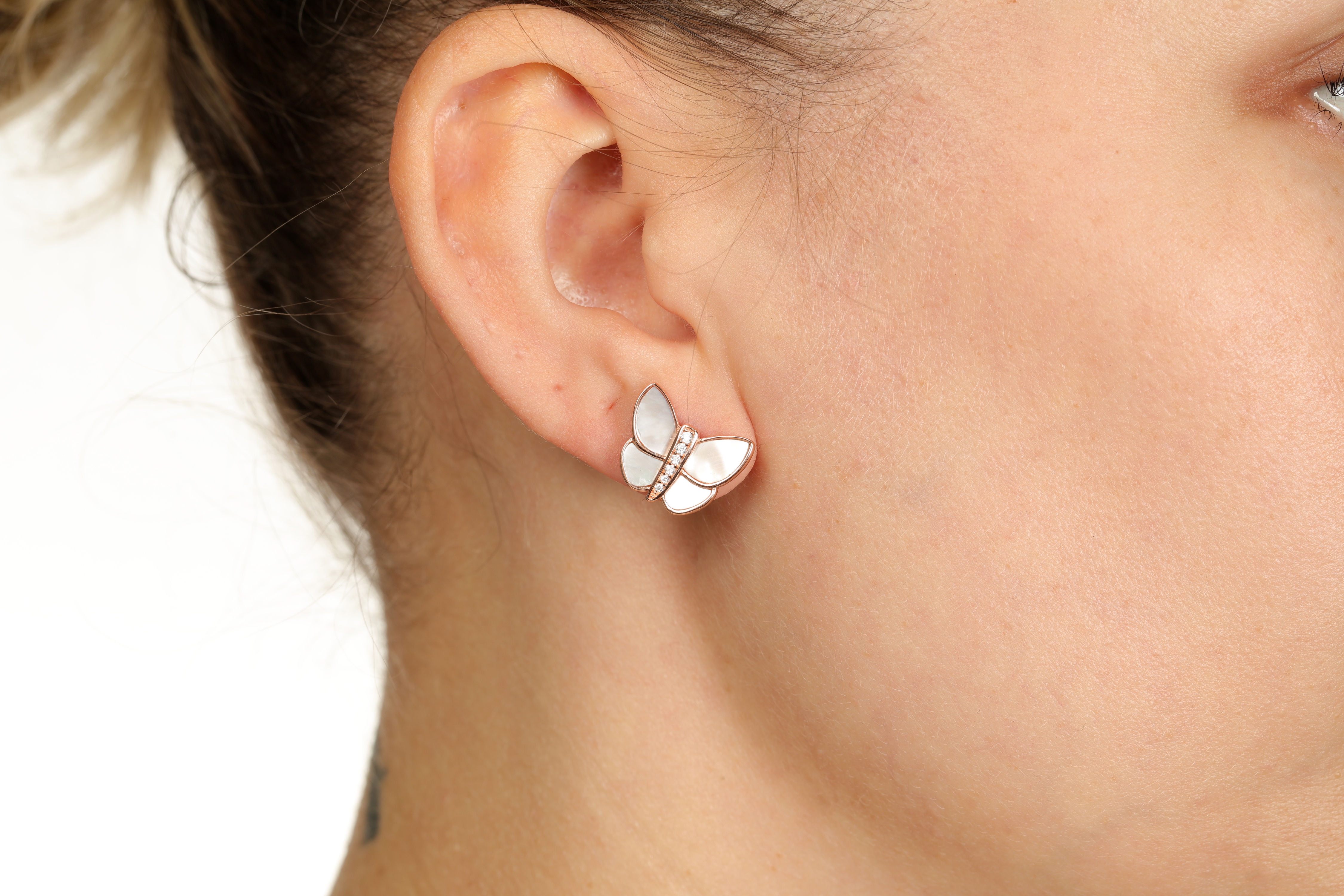 Mother of Pearl and Cubic Zirconia Butterfly Stud Earrings in 925 Sterling Silver with Rose Gold Plating with Friction Back by Lavari Jewelers