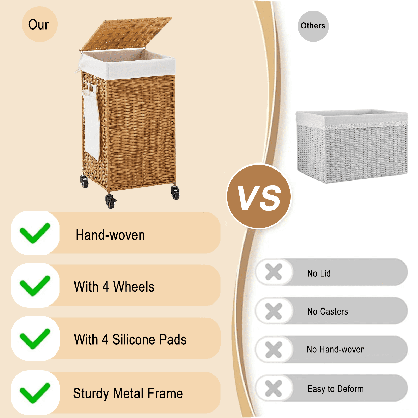 78L Laundry Hamper with Lid and Wheels, Woven Rattan Rolling Laundry Hamper