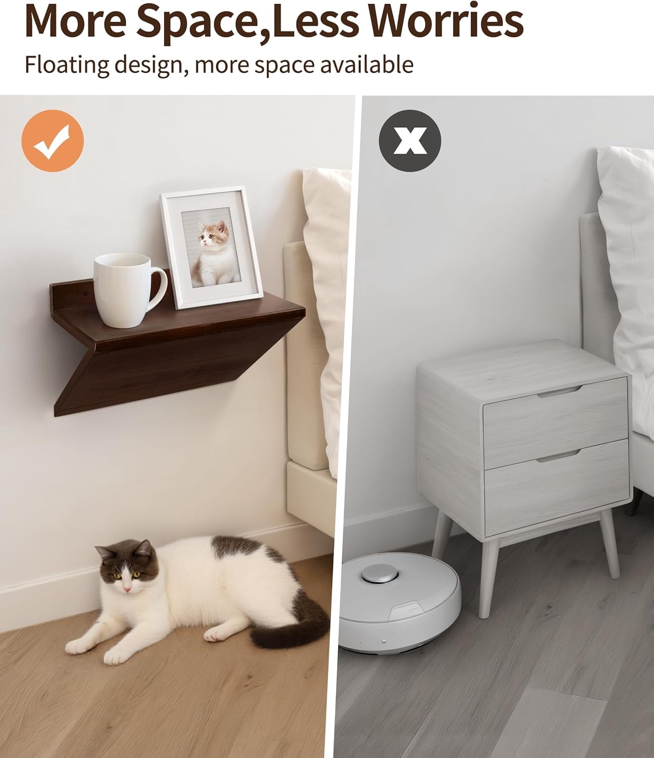 Gronda Floating Nightstand Set of 2,Space Saving Wall Mounted Bedside Table with Cable Hole,Walnut Wood Small Hanging Nightstands for Bedroom Apartment