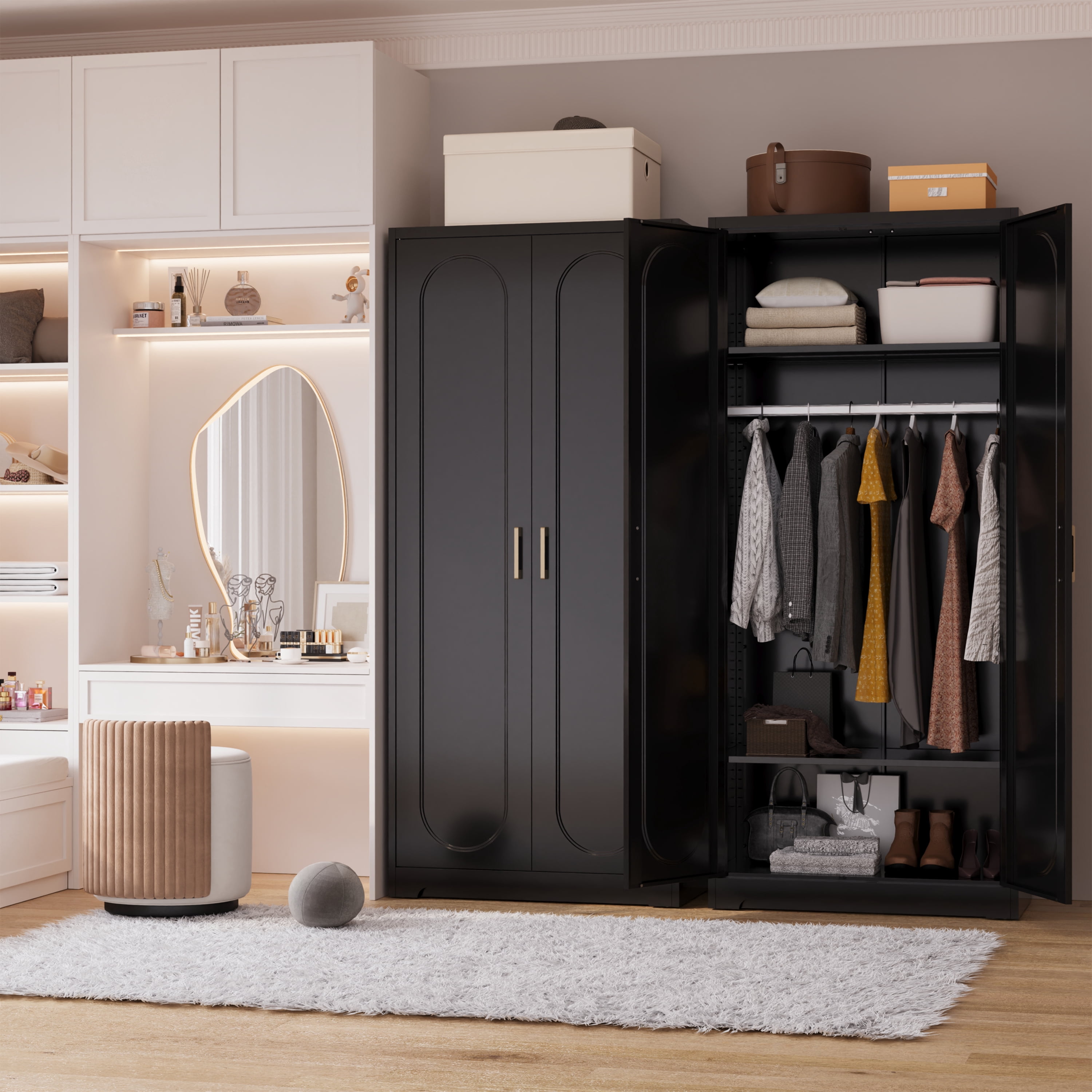 Polup 71" H Modern Steel Sturdy Armoire Cabinet with Shelves and Hanging Rod, Adult Bedroom Wardrobe Closet with Doors