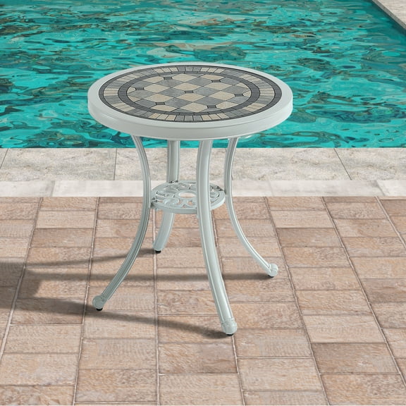 Mondawe 24" Round Cast Aluminum Outdoor Patio Table,Weather-Resistant Bistro Dining Furniture for Garden, Balcony, Poolside, White