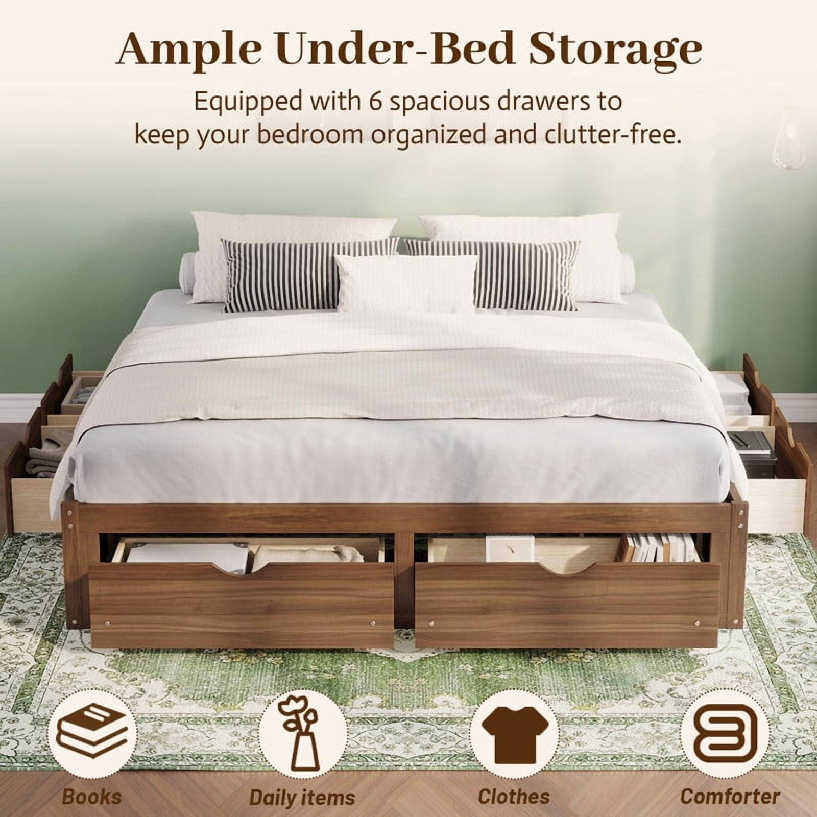 Queen/King Size No Box Spring Required Platform Bed with No Headboard, Wooden Storage Bed Frame with 6 Drawers