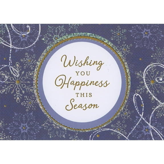Designer Greetings Wishing You Happiness this Season: Circular Foil Border and Snowflakes on Dark Blue Box of 15 Christmas Cards
