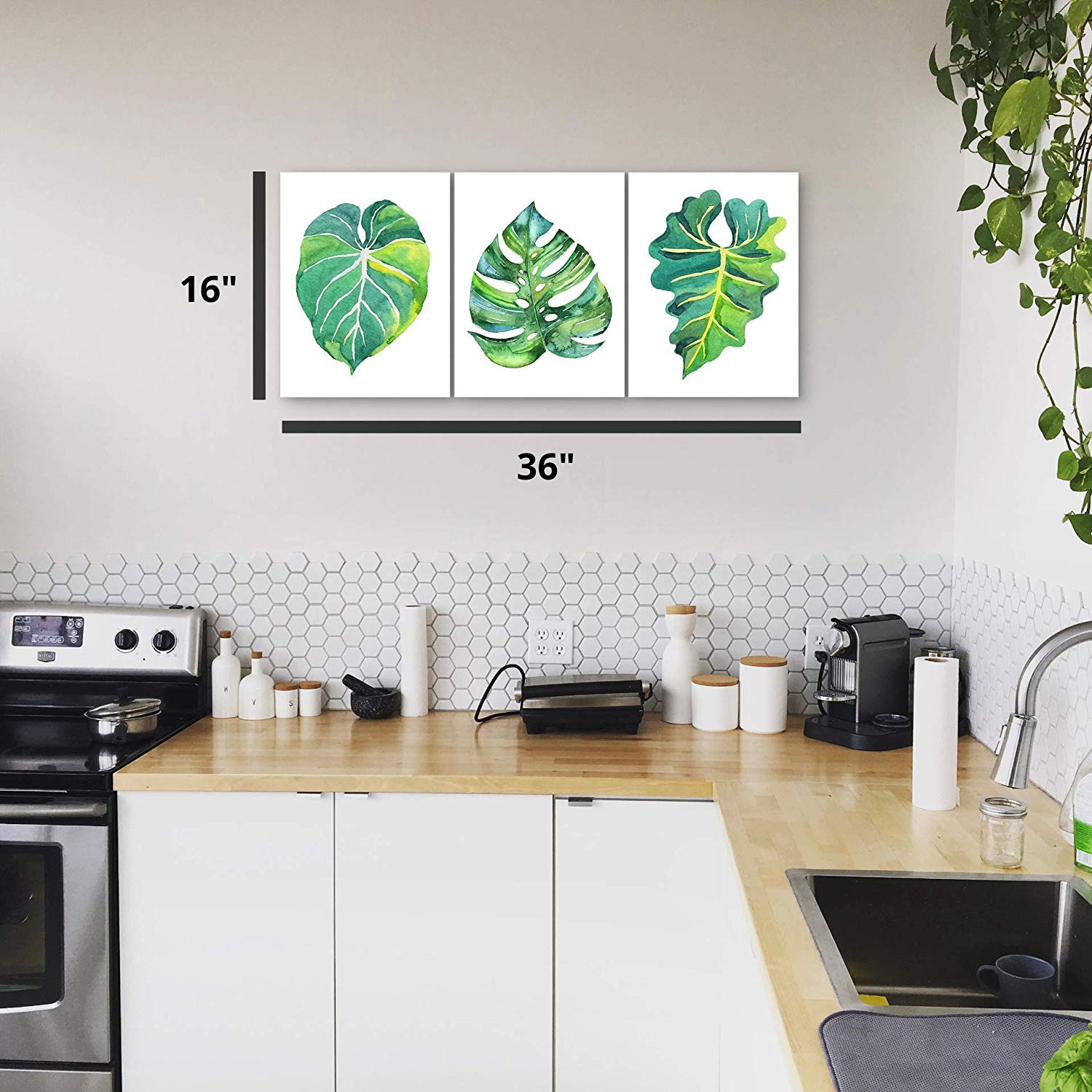 Green Plant Wall Art, Simple Piece Leaf Wall Decor, Minimalist Watercolor  Leaves Prints, 12x36