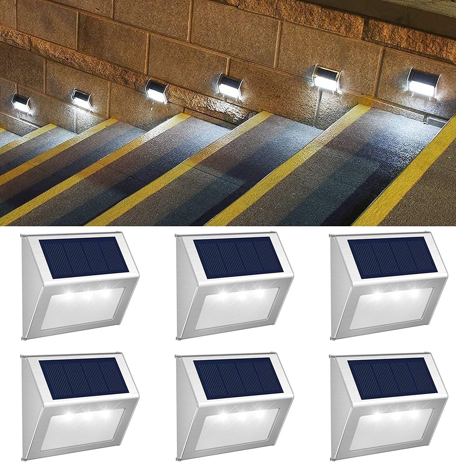 JSOT 6PCS Solar Deck Lights, Solar Stair Lights, Solar Powered Outdoor Lights for Wall Step Walkway Garden, Cool White Light