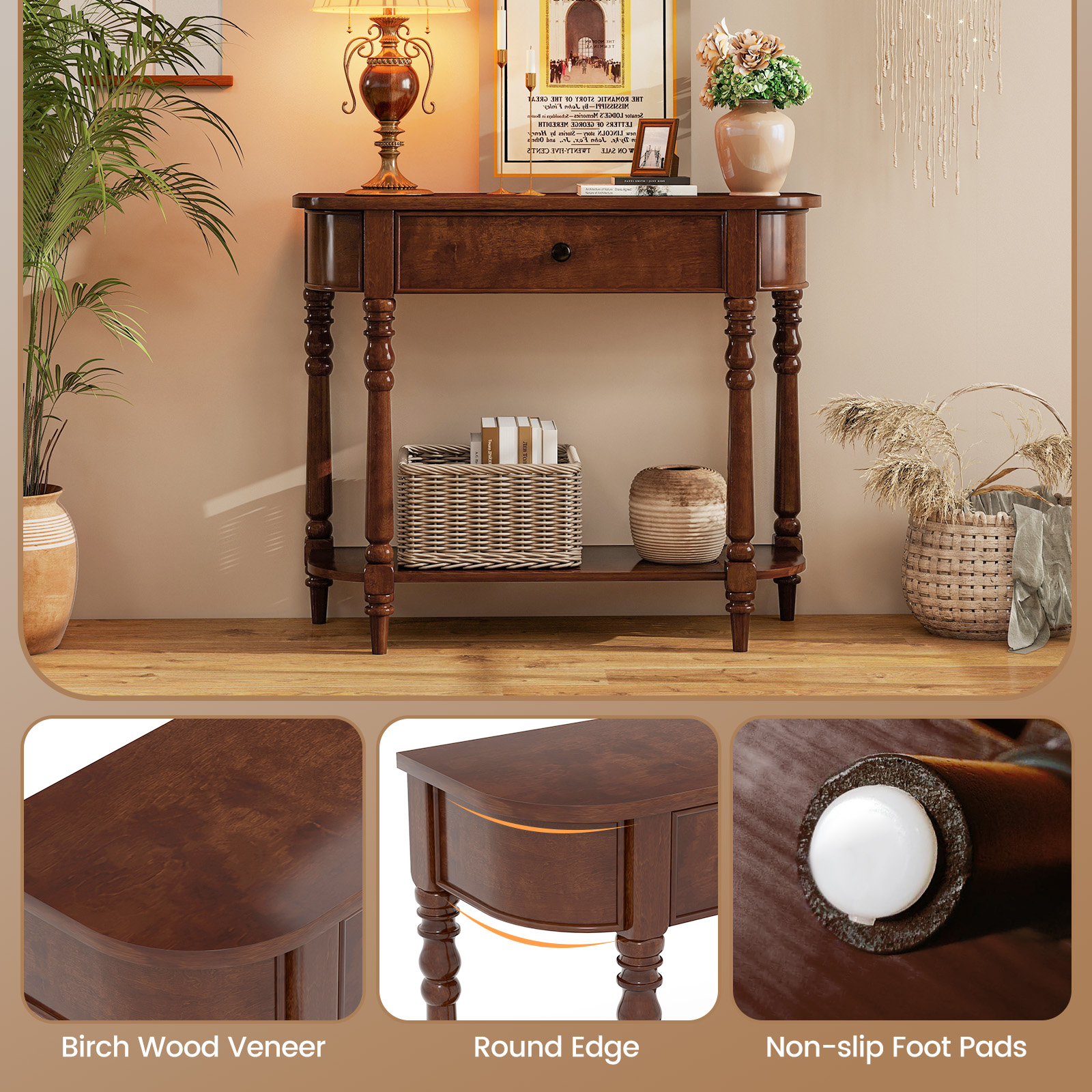 Gymax Retro Console Table 36''L Wooden Entryway Table w/ Storage Drawer & Open Shelf Brown