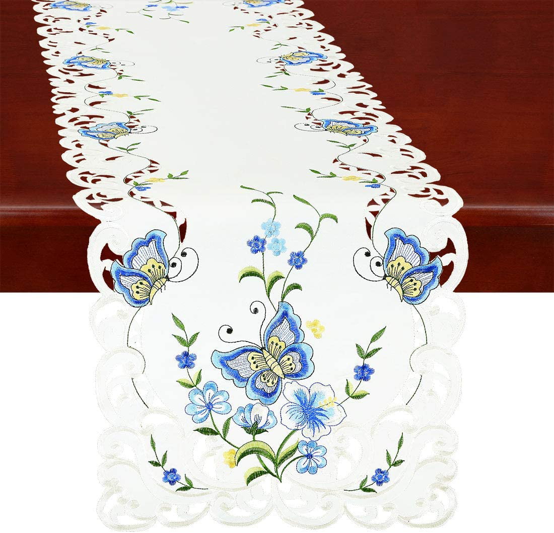 Dining Room Kitchen Rectangular Runner 16 X 90 Blue Black Ornate Cages with Branch of Tree Silhouette and Birds Floral Modern Print Ambesonne Birds Table Runner