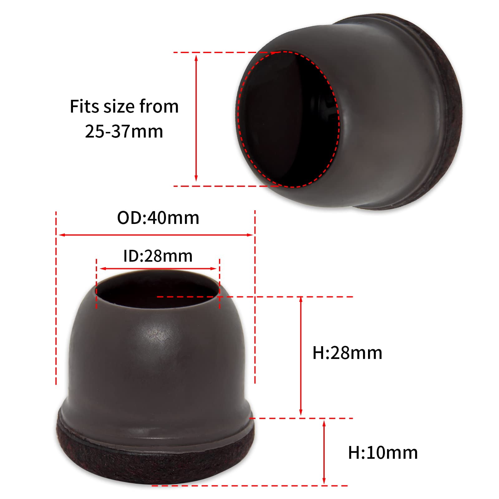 Flyshop 8PCS Round Chair Leg Caps with Felt Pads Durable Floor Protectors for Hardwood Floor Prevent Scratches Reduce Noise Foot Cap, Dark Brown Protective Caps, 25 to 37 mm