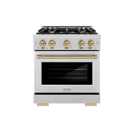 ZLINE Autograph Edition 30 in. 4.2 cu. ft. Dual Fuel Range with 4 Burner Gas Cooktop and Electric Convection Oven in Stainless Steel with Champagne Bronze Accents (HDRZ-30-CB)