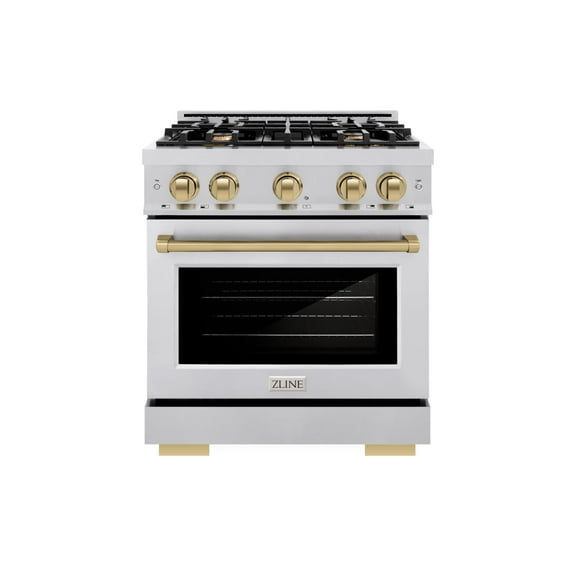 ZLINE Autograph Edition 30 in. 4.2 cu. ft. Dual Fuel Range with 4 Burner Gas Cooktop and Electric Convection Oven in Stainless Steel with Champagne Bronze Accents (HDRZ-30-CB)