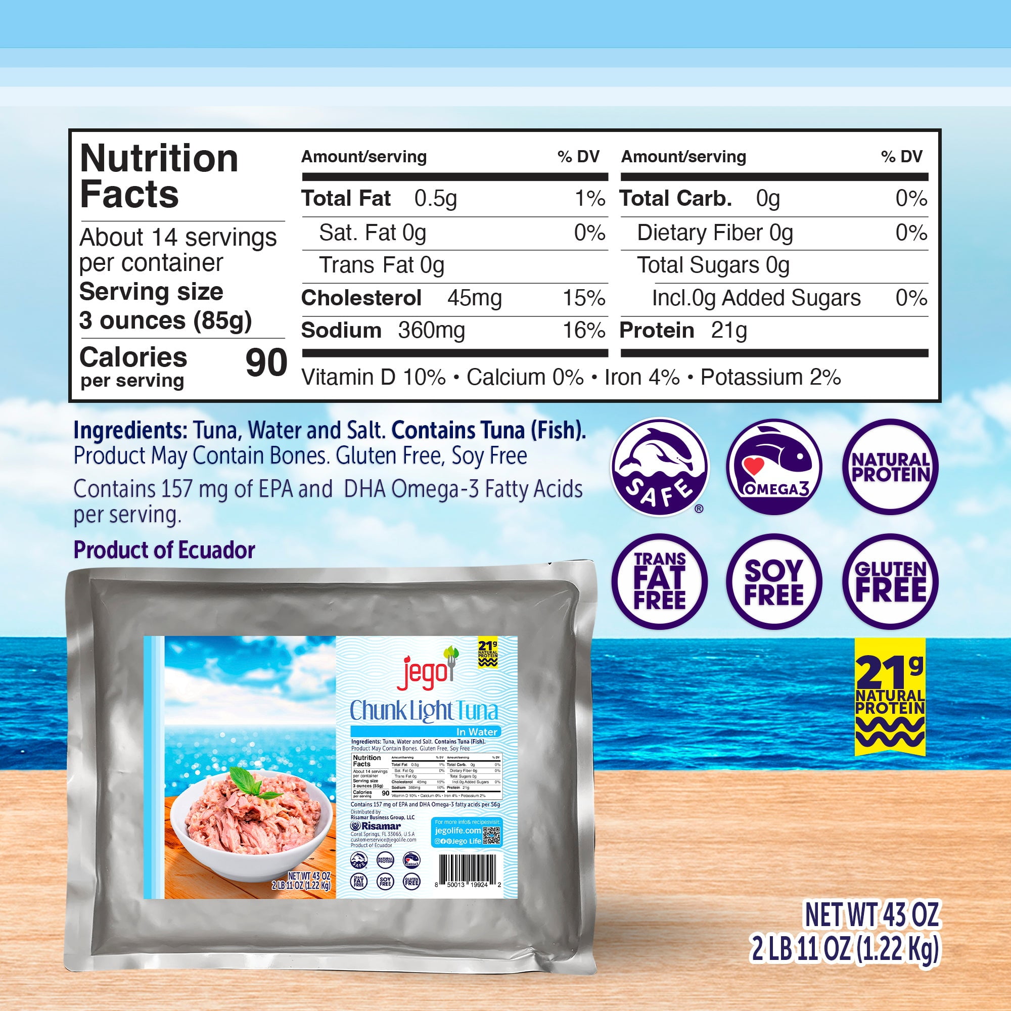 Jego Chunk Light Tuna in Water | Wild Natural Catch Tuna | Keto | Low Carb | Gluten Free | Soy Free | Ready to eat | 43oz Pouch