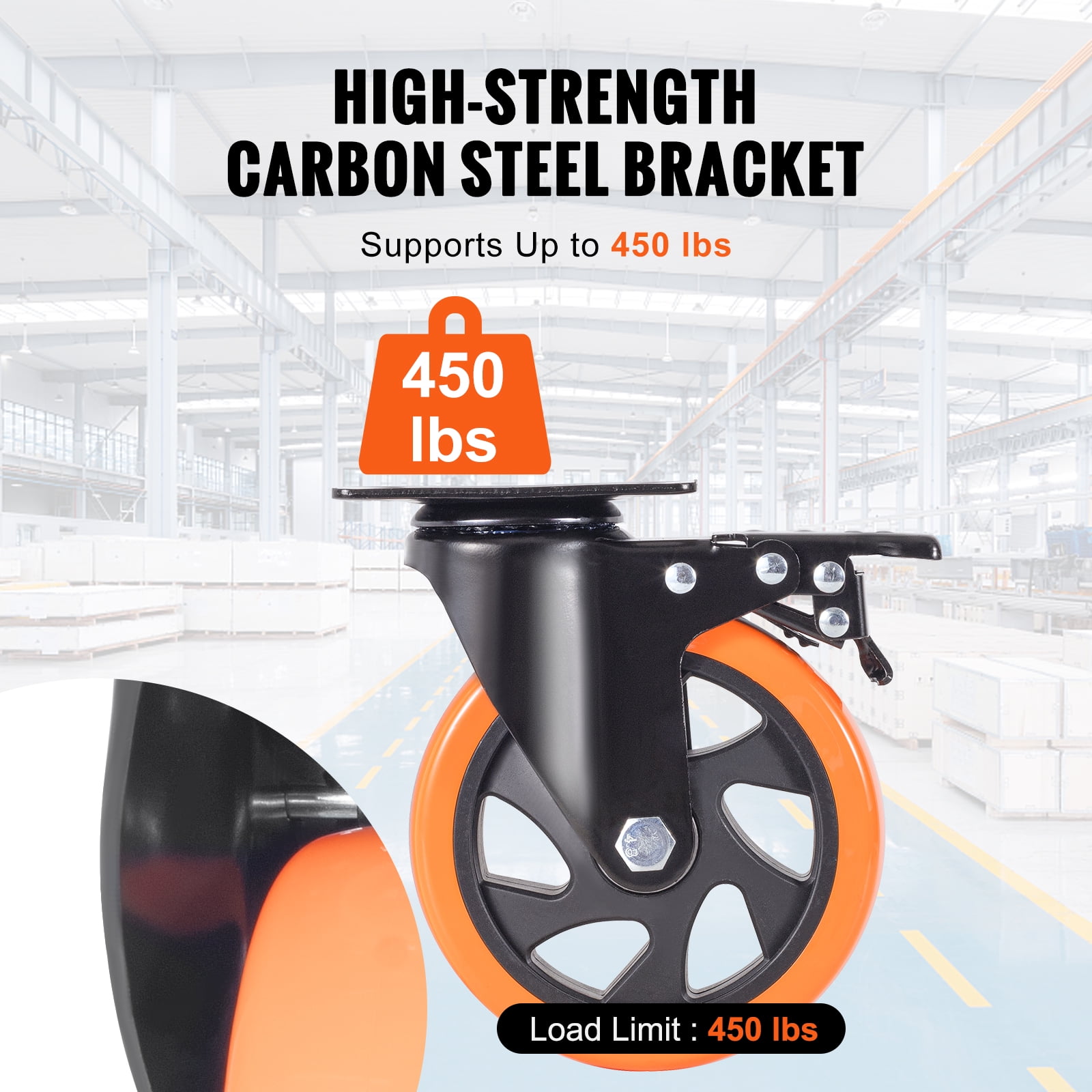 VEVOR Caster Wheels,5-inch Swivel Plate Casters, Set of 4, with Security A/B Locking No Noise PVC Wheels, Heavy Duty 450 lbs Load Capacity Per Caster, Non-Marking Wheels for Cart Furniture Workbench