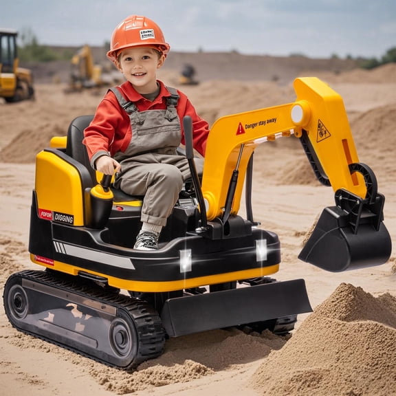 Kids 12V Electric 360 Degree Rotating Ride On Excavator and Bulldozer with Remote Control, Track Design Wheels, MP3, Toolbox (Yellow)