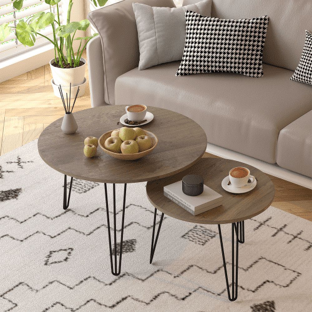 Yoneston 27.56" Round Nesting Coffee Table Set of 2, Wooden Tabletop End Table with Sturdy Metal Legs for Living Room Bedroom, Brown