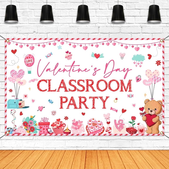 Valentine's Day Classroom Backdrop Pink Heart Valentines Day Photography Background Bear School Classroom Party Decorations Banner Photo Booth Props