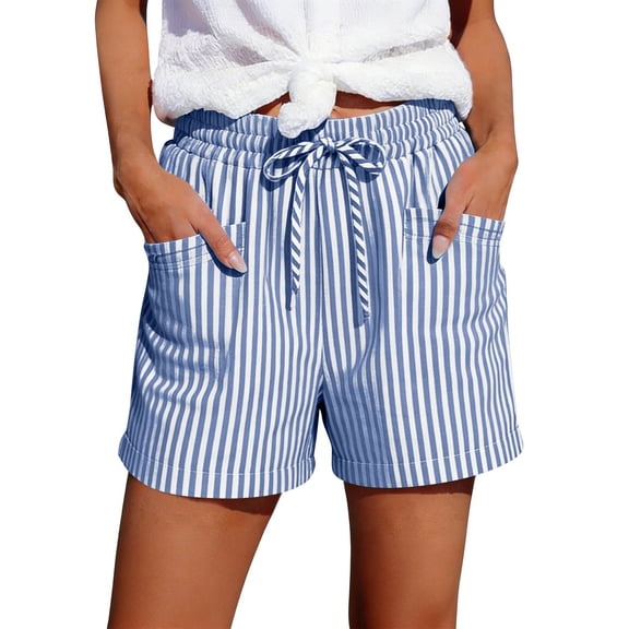 HKYNLAG Womens Shorts Summer Casual Elastic Waist Drawstring Shorts Striped Lightweight Lounge Short Pants with Pockets Dark Blue XL