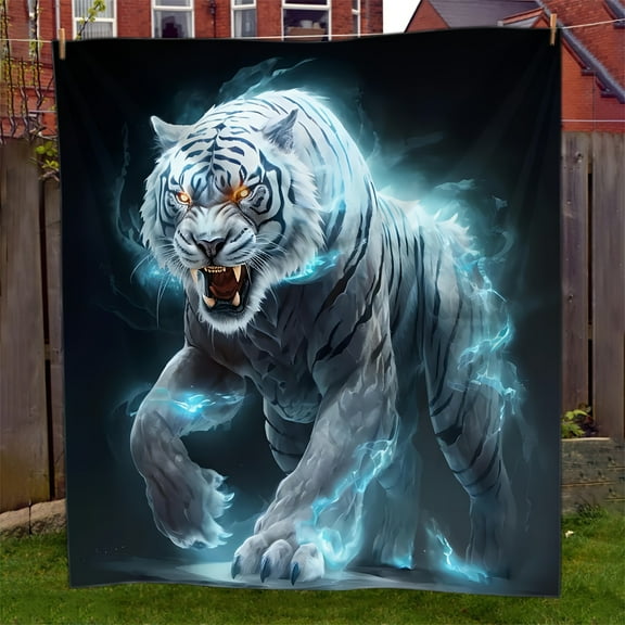 Mystical White Tiger Lightning Print Soft Flannel Throw Blanket – Cozy All-Season Decor for Sofa, Bed, Office, and Travel, Machine Washable, Cute Blanket