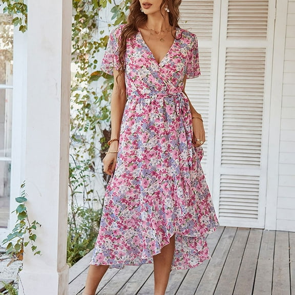 QUNYINEY Casual Women's Dresses Short Sleeve Floral A-Line Dress Tie Front Flowy V Neck Maxi Dresses