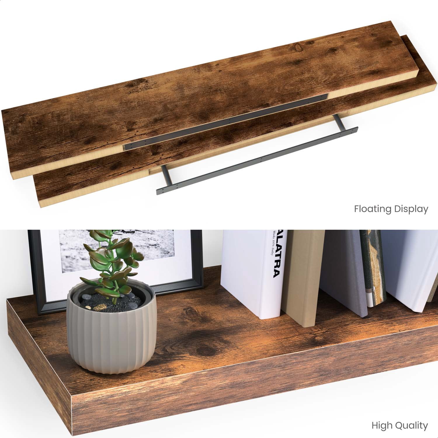 Ballucci 48" Floating Shelves, 2-Pack Wood Wall Shelf Set with Invisible Brackets, 8" Deep, Rustic Brown