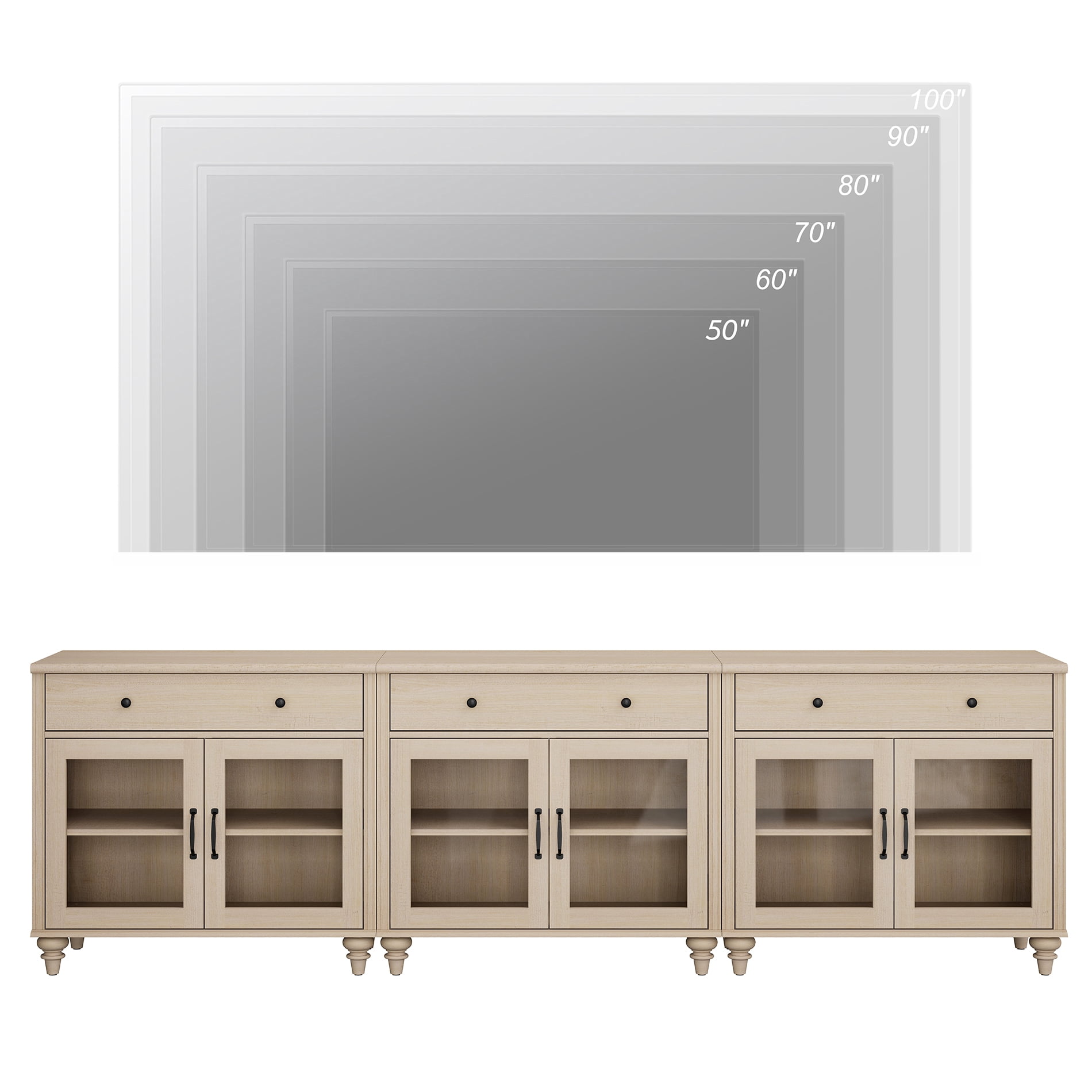 TV Stand For 100 Inch TV Inch TV, 3-In-1 TV Console Table For 75/80/85/90 Inch TV, Entertainment Center With 3 Drawers And 6 Doors, Beige