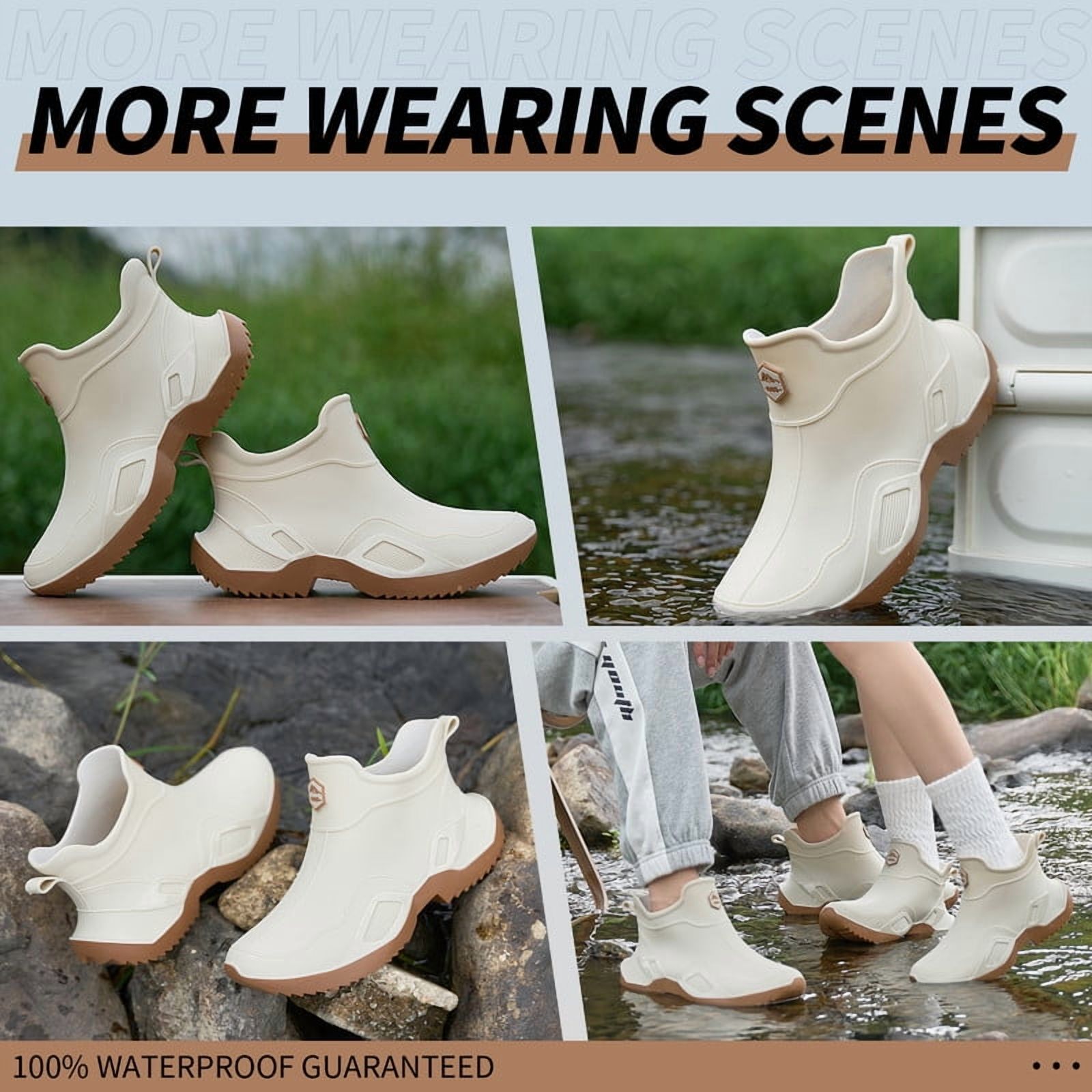 LAoutun Short rain boots women waterproof boots ankle Camping boots garden Boating white brown
