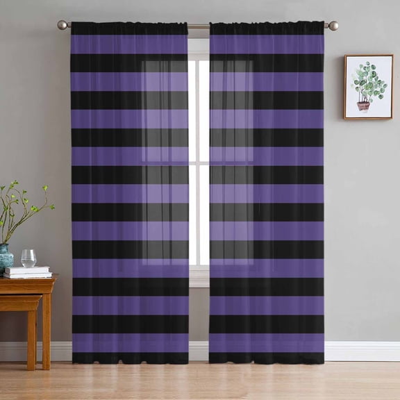 Purple Black Striped Sheer Curtains 84 Inches Long 2 Panels Set, Window Sheer Curtains for Living Room/Bedroom, Halloween Vintage Modern Stripes Light Filtering Rod Pocket Curtain 52'' x 84'' x 2