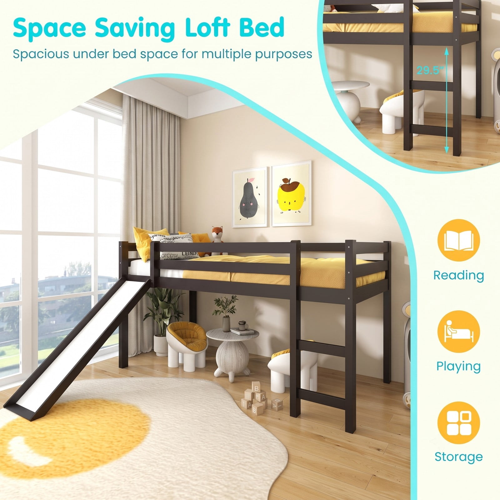 Furnibear Twin Size Low Loft Bed with Slide and Ladder for Kids Bedroom, Sturdy Wood Loft Bed Frame with Guardrails, Space-Saving, Dark Brown