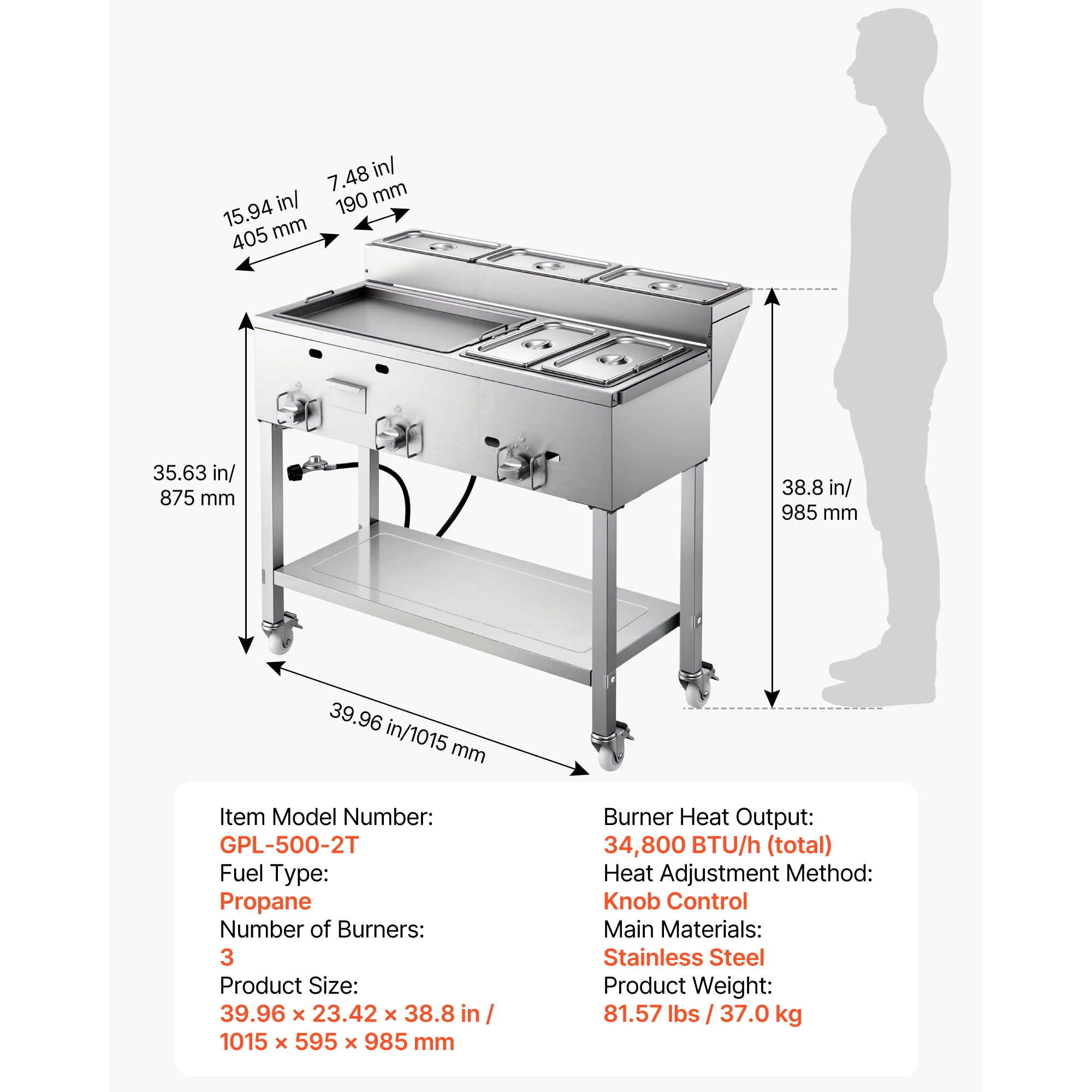 KFFKFF Outdoor Propane Griddle with 3 Burners (11,600 BTU Each), Stainless Steel Cooking Surface, Includes Two 1/3 Size Food Warming Pans, Portable Design with 4 Lockable Wheels