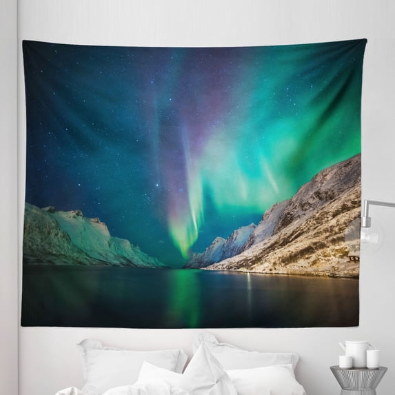 Nature Tapestry, Aurora Borealis Above the Rocky Hills Magnetic Poles Solar Space Panorama, Fabric Wall Hanging Decor for Bedroom Living Room Dorm, 5 Sizes, Jade Green, by Ambesonne