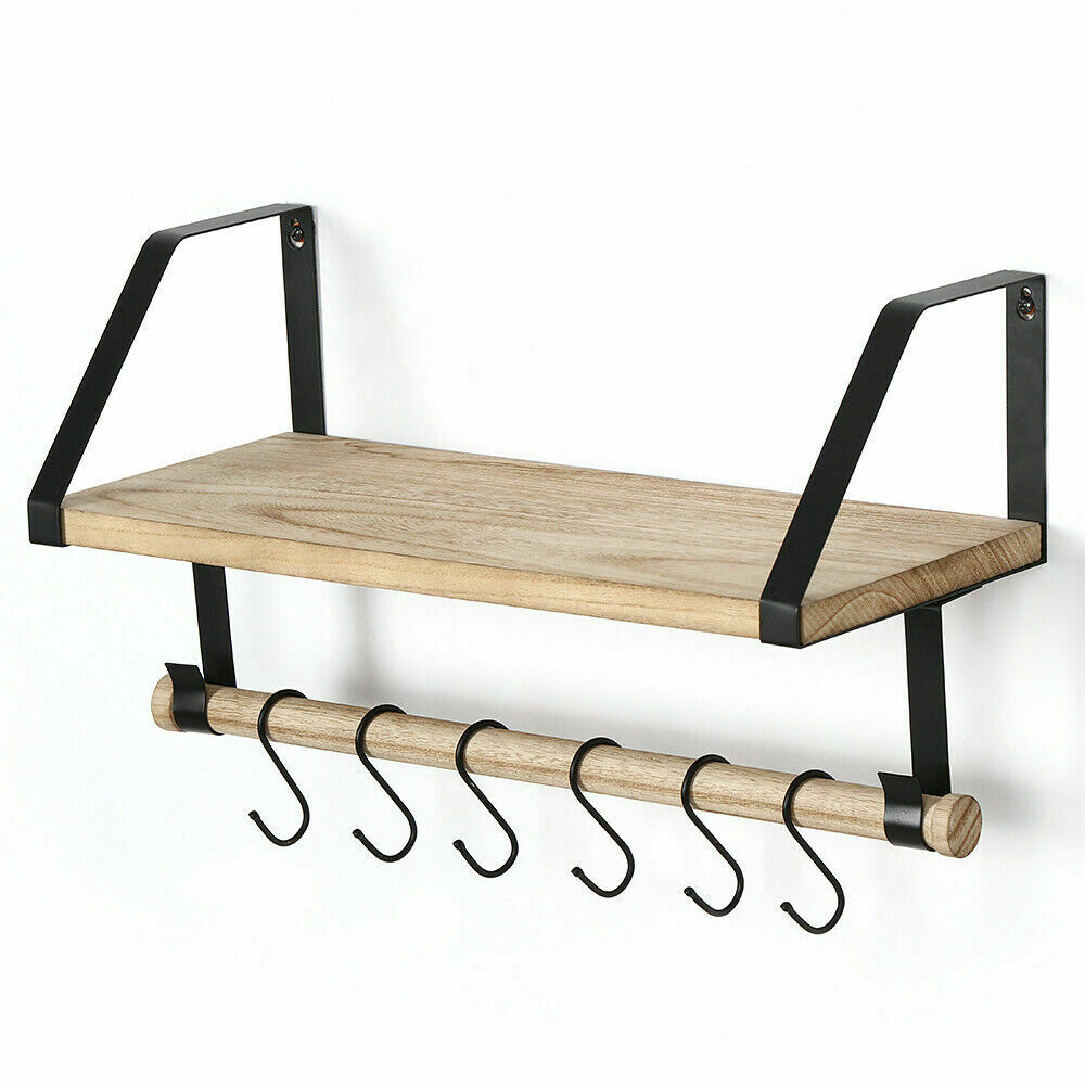 Rustic Floating Storage Shelf 6 Hooks Mugs Rack Coffee Bar Shelf Wall Decor