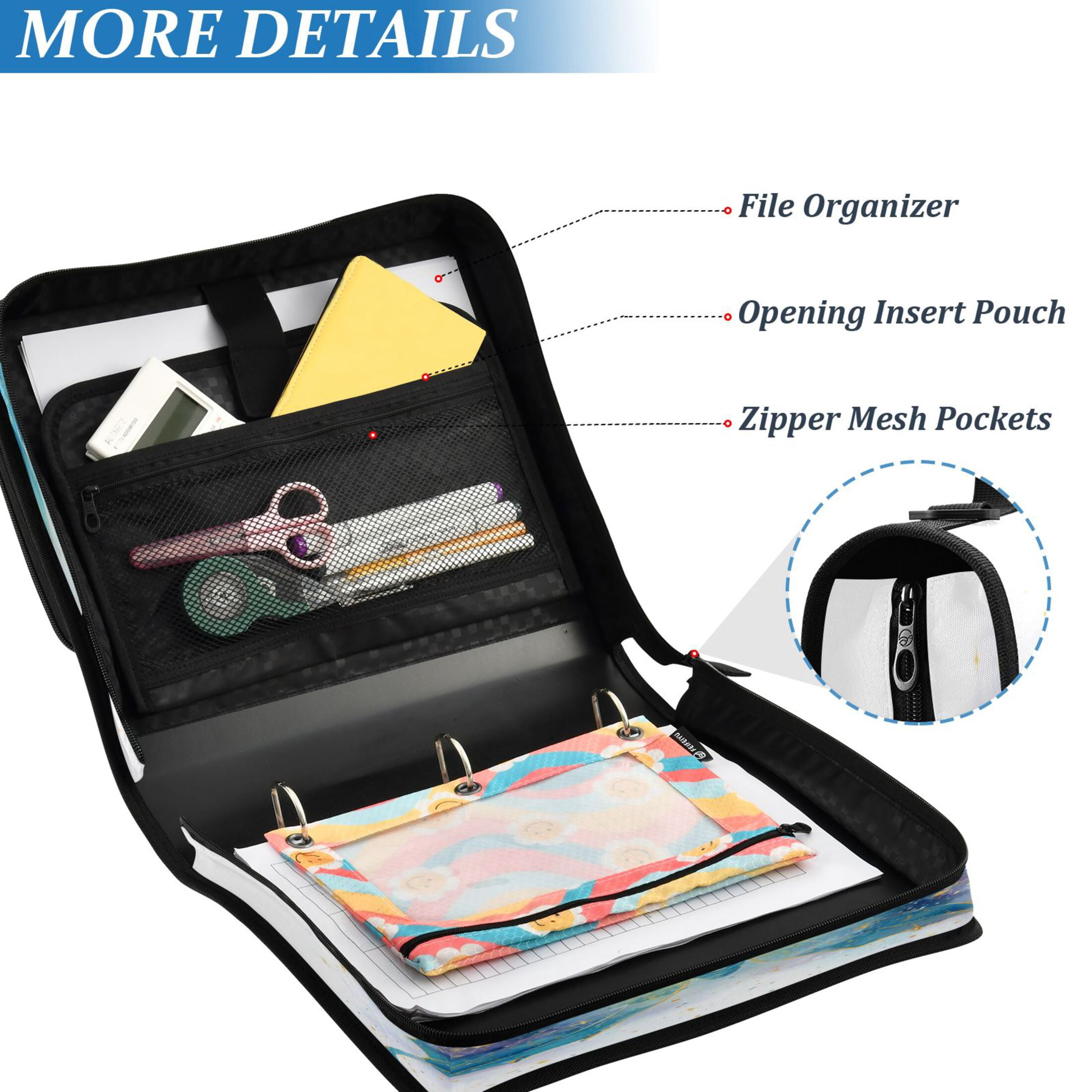 3 Ring Zipper Binder Stationery Organizer for Study Work Home Travel, All-Purpose File Folder Storage Bag for Daily Document Organization Nocturnal Azure Butterfly