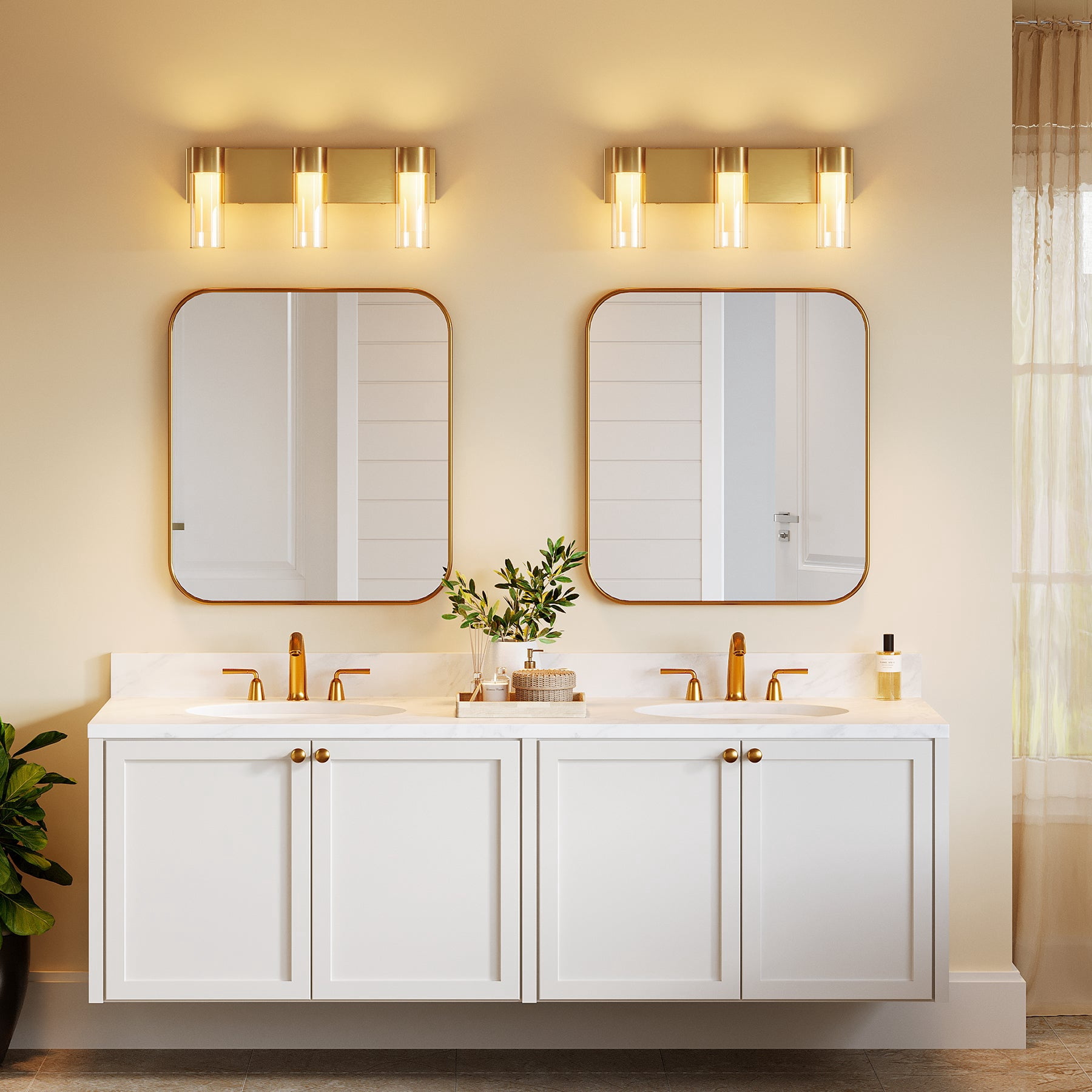 Fnova 19.7" LED Gold Vanity Lights, Modern 3CCT Dimmable Bathroom Light Fixtures with Double Glass Shade, (ETL Listed, Bulbs Included)