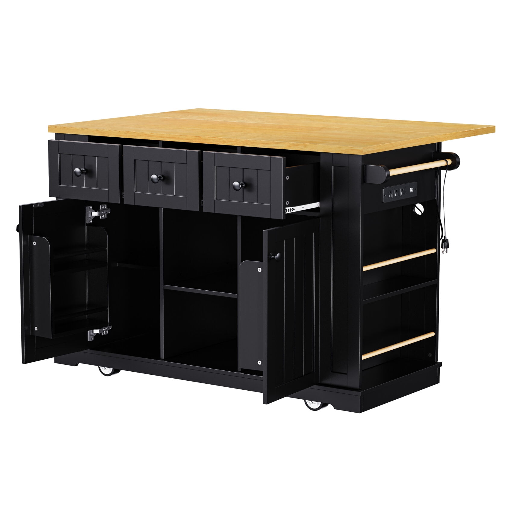 53" Kitchen Island On Wheels, Rolling Kitchen Island Cart with Drop Leaf & Power Outlet, Barn Door Kitchen Island Table with Storage Cabinet and Tower Rack for Kitchen, Dining Room, Black