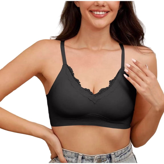 Ytndtr Wireless No Underwire Bra for Women V-Neck Lace Trim Supportive Seamless Bra Comfortable Tshirt Bralette
