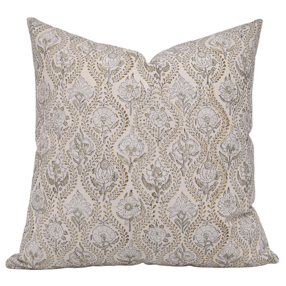 Fabdivine Block Print Throw Pillow Cover, 14x14 Inch Thick Cotton Decorative Cushion Cover, Floral Print Boho Design Green Pillow Cover for Sofa and Couch