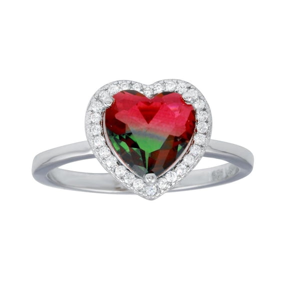 Rhodium Plated 925 Sterling Silver Heart Green to Red Gradient Ring CZ Jewelry Female Size 7