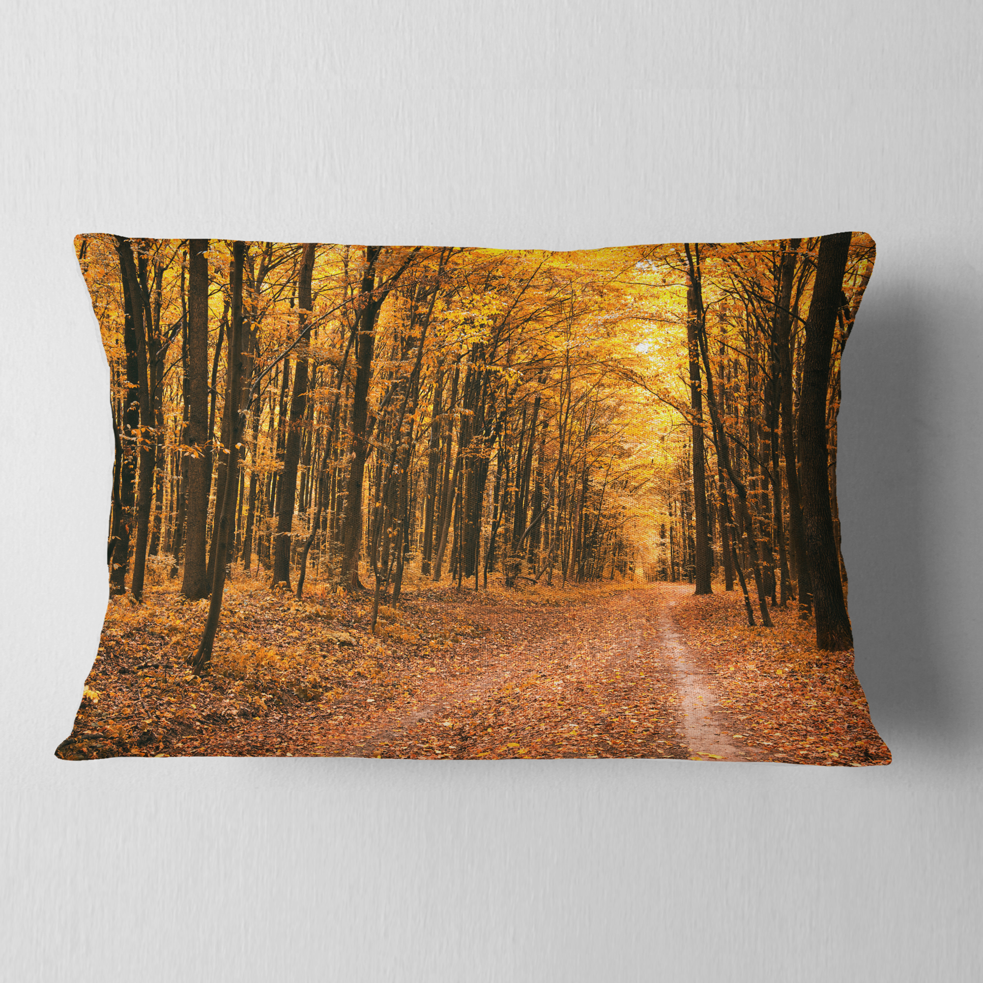 Designart Pathway in Yellow Autumn Forest - Forest Throw Pillow - 12x20