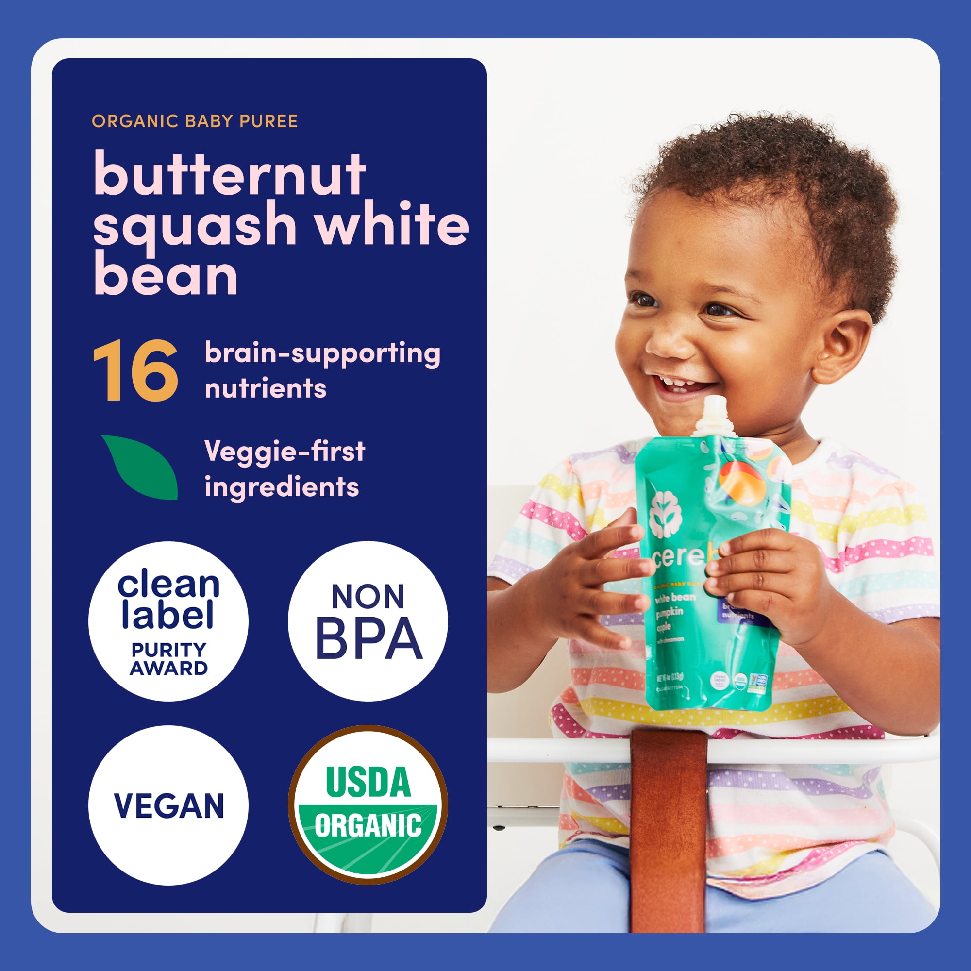 Cerebelly Organic Baby Food Pouches, Butternut Squash White Bean Purees, 16 Nutrients, No Added Sugar & Non-GMO, 4 oz, 12 Pack