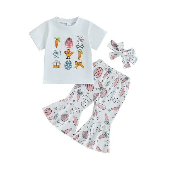 Toddler Baby Girl Easter Outfits 6 12 18 24 Months 2T 3T 4T Short Sleeve Round Neck T-Shirt Egg Bunny Print Flare Pants Bow Headband 3 Pcs Set