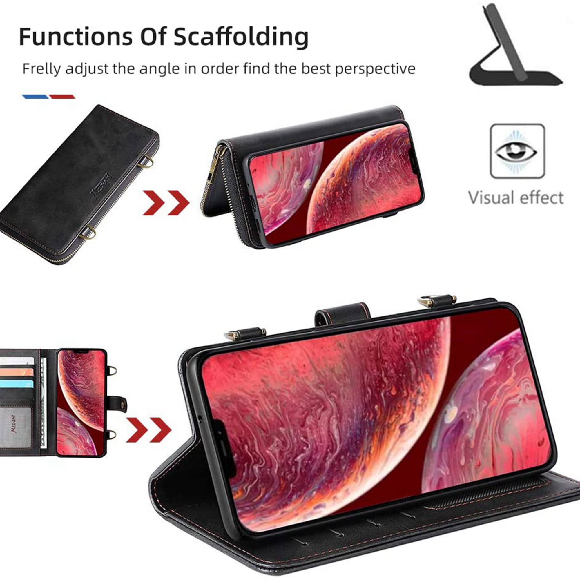 Dteck Wallet Case for iPhone 12 Pro / iPhone 12 6.1-inch, 2 in 1 Magnetic Detachable Wallet Purse [Crossbody Chain] Durable PU Leather Zipper Handbag Folio Flip Card Slot Protection Back Cover, Black