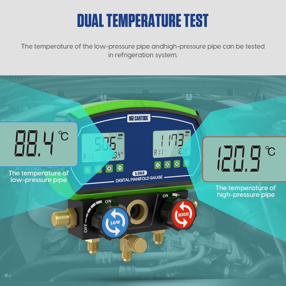 Mrcartool L302 Digital Manifold Gauge Set Dual Channel 90 Refrigerants Vacuum Leak Detection for HVAC Auto AC 1 Pack