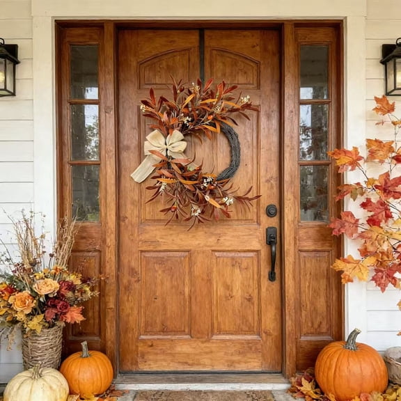 20 inch Fall Half Wreath for Front Door Outside Artificial Autumn Olive Leaf Grapevine Wreath with Burlap Bow Decor Thanksgiving Decor