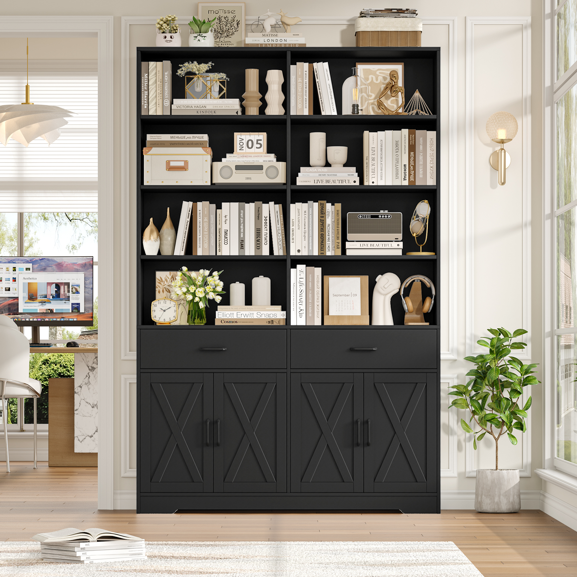 Hiphuta 78" Tall Double Row Bookcase with 2 Drawers, Farmhouse Large Bookshelf with Cabinet, Storage Bookcase with Doors for Office Living Room, Black