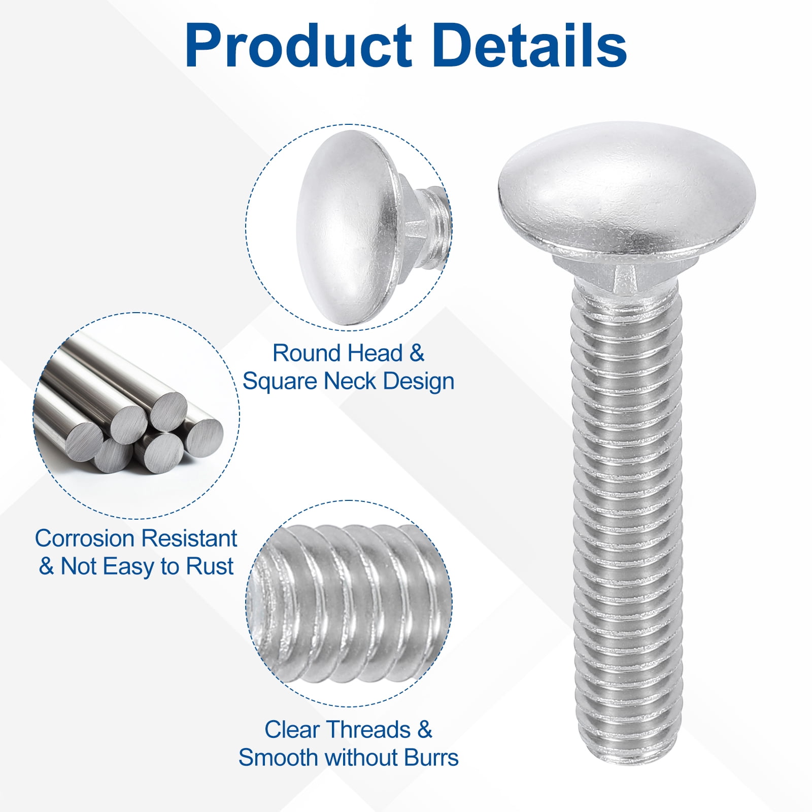 Uxcell 25Pack 5/16"-18x2" Stainless Steel Carriage Bolts Round Head Square Neck, Silver