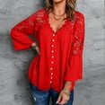 thumbnail image 2 of Fair Price Clothing MIUOWANP Women Casual Elegant Loose Large Size Lace Solid Color Round Neck Pullover Chiffon Shirt Long Sleeve Round Neck Top Shirt L Red, 2 of 5