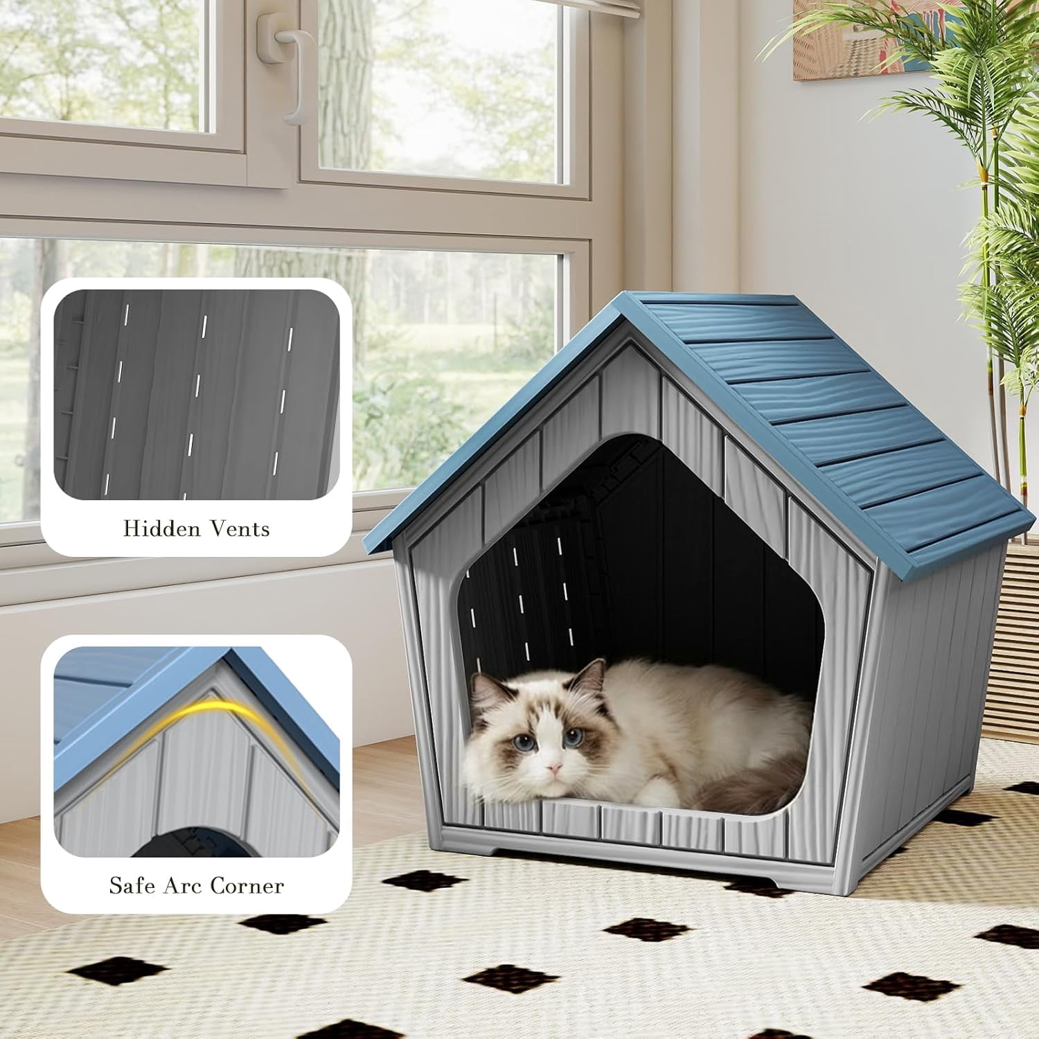 GMNIUOutdoor Cat House for Outside Indoor Use, Weatherproof Resin Outdoor Cat Shelter for Small, Medium, Large Cats, Easy Assembly(Blue)