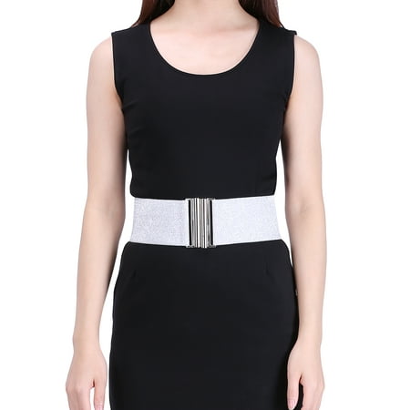 Cotton Elastic Waist Belt - HDE Women's Elastic Cinch Belt with Column Style Buckle and Stretch Waist Band (Silver, XS-M)