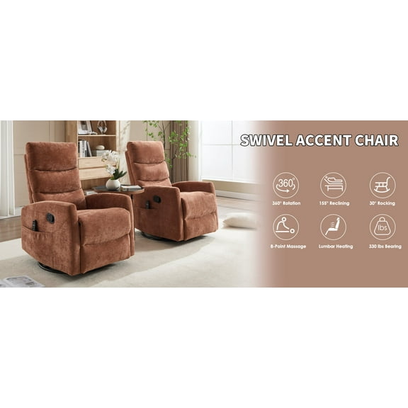 Recliners and Massage Chairs Heat Massage Manual Recliner Chair with Rocker and Swivel in Fabric for Living Room, Orange,Massage Recliners
