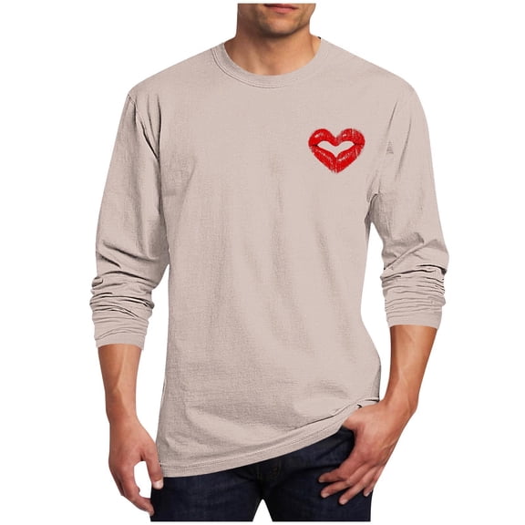Valentines Day Tops for Men Big&tall Casual Loose Long Sleeve Round Neck Graphic Print Pullover Tops (L, Beige)